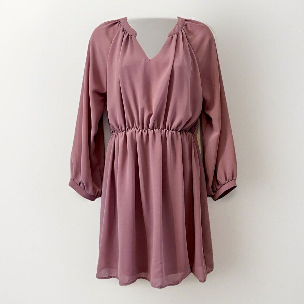 Boho Flowy Fairy Long Sleeve V Neck Lined Mini Dress Womens M Mauve Blush Pink